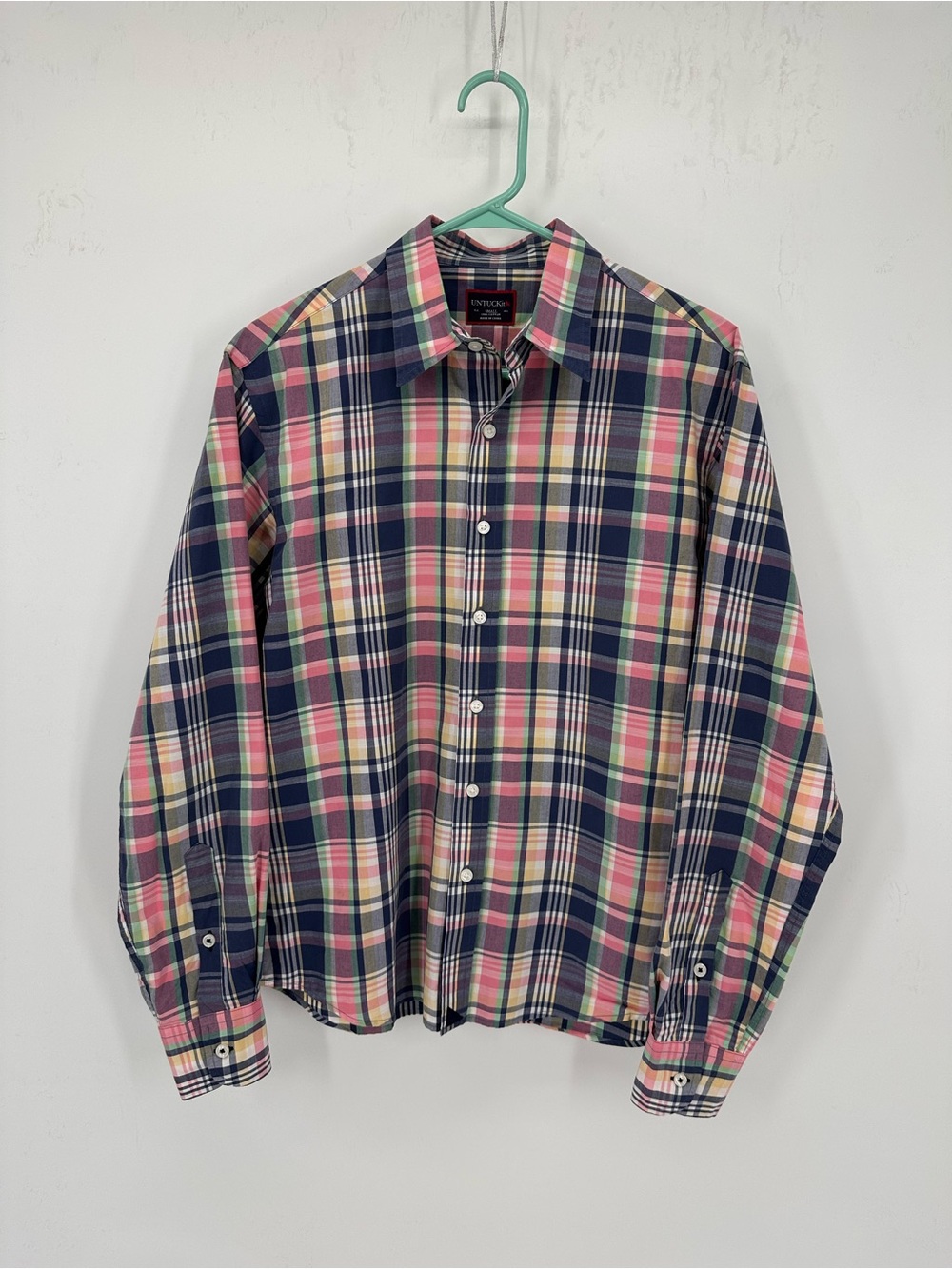 UNTUCKit Men’s Pink, Navy & Cream Plaid Button-Down Shirt 100% Cotton Size Sm